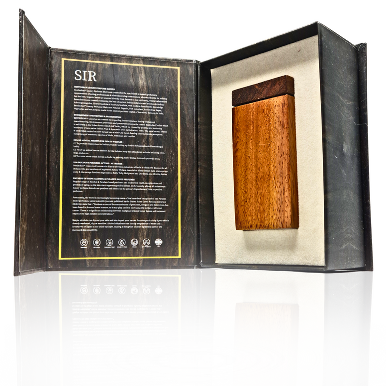 Handcrafted wooden case for Best Indian Perfume for men: Sir Elixir, nested in its outer box on a cream support base.