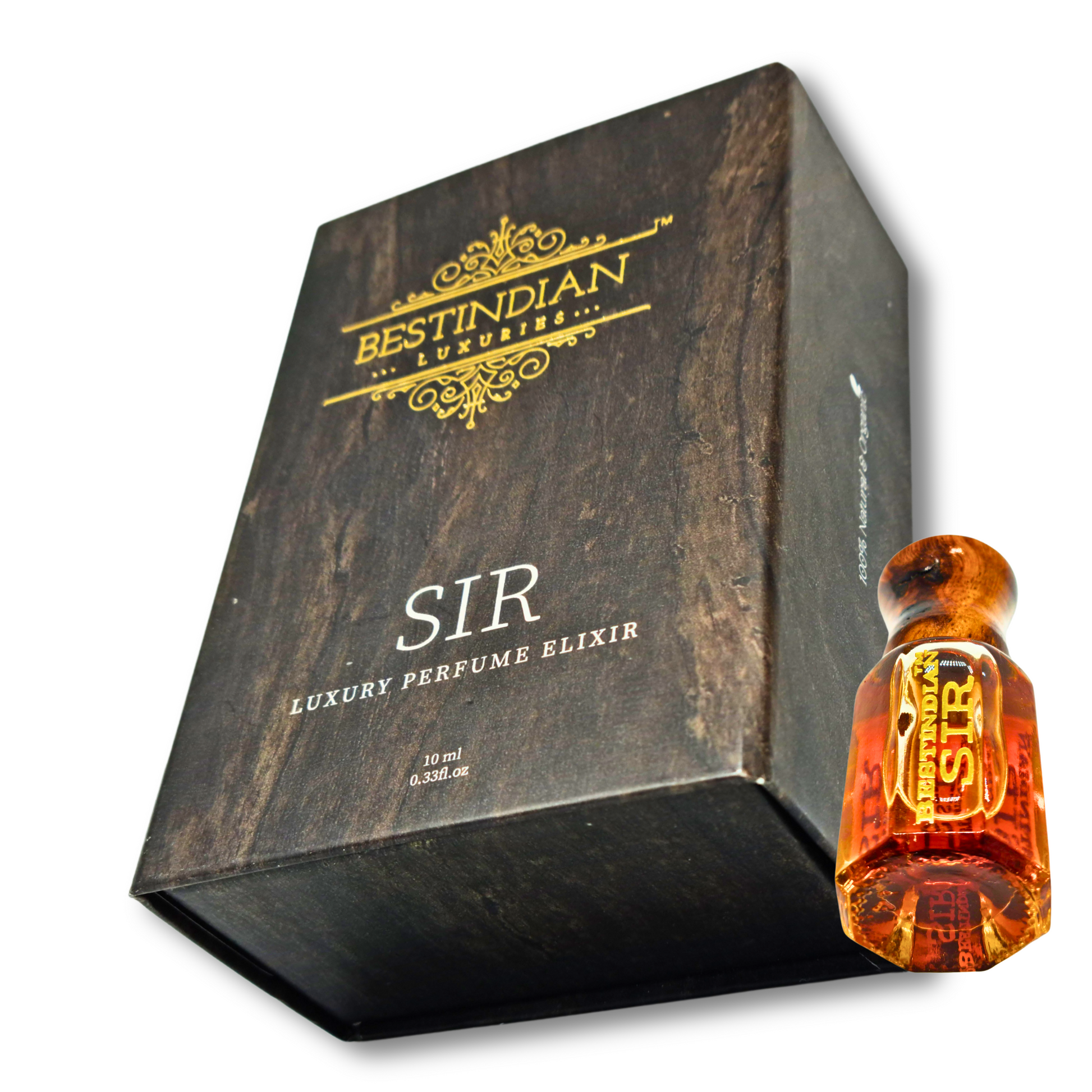 Best Attar for men: BestIndian™ Sir Perfume Oil Elixir vial with wooden cap, shown with its outer box. 100% Natural perfume.
