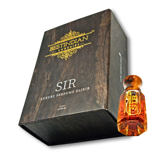 Best Attar for men: BestIndian™ Sir Perfume Oil Elixir vial with wooden cap, shown with its outer box. 100% Natural perfume.
