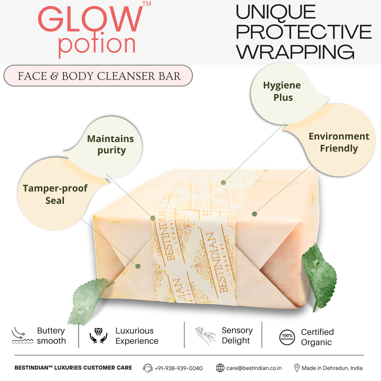 The unique, hygienic, and environment-friendly protective wrapping for the certified organic BestIndian Glow Potion soap, ensuring purity with a tamper-proof seal.