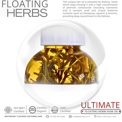 Best Indian Hair Oil's Unique Selling Proposition: BestIndian™ Ultimate Hair Growth & Styling Oil featuring visible natural floating herbs for continuous infusion