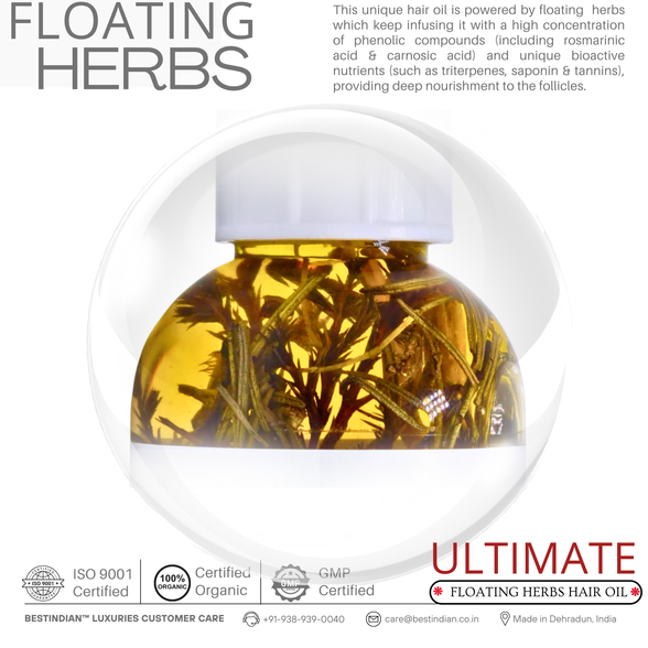 Best Indian Hair Oil's Unique Selling Proposition: BestIndian™ Ultimate Hair Growth & Styling Oil featuring visible natural floating herbs for continuous infusion