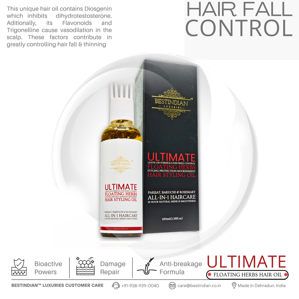 Infographic highlighting effective hair fall control with BestIndian™ Ultimate Hair Growth & Styling Oil, an organic herbal remedy. Best Indian hair oil.