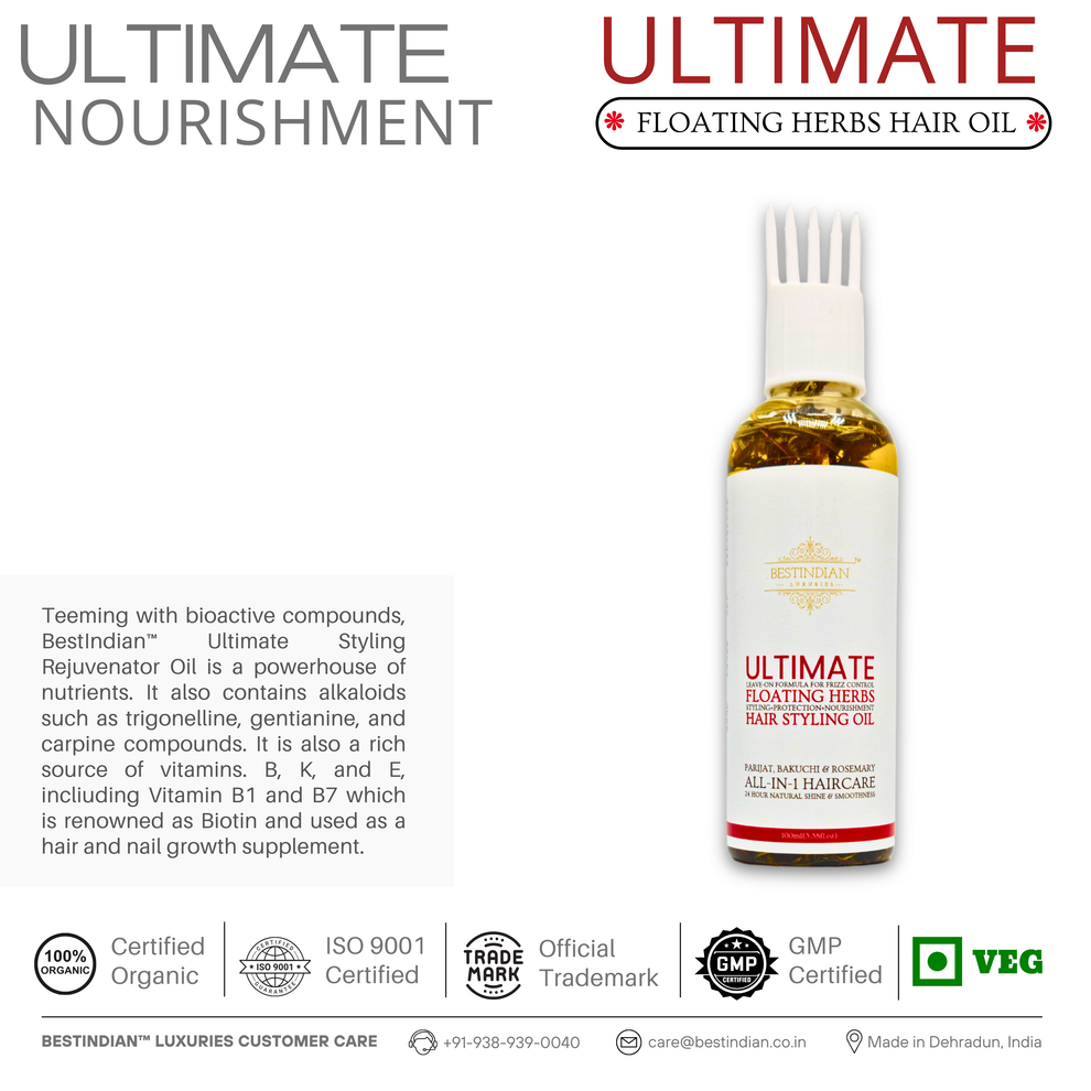 Infographic showcasing the bottle of the best indian hair oil with the written text. Ultimate hair nourishment from BestIndian™ Ultimate Hair Growth & Styling Oil for strong, healthy hair.