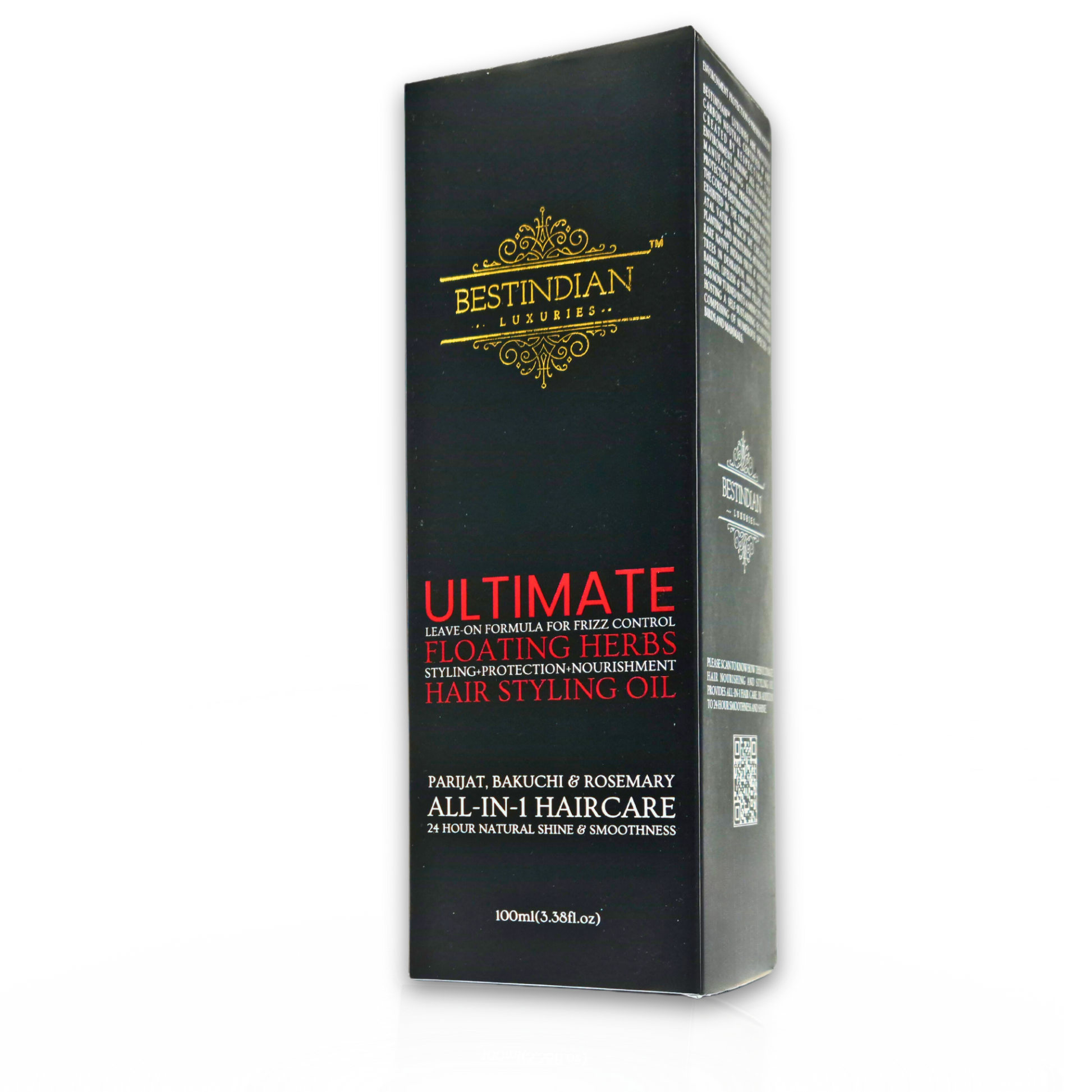 Best Indian Ultimate Hair Growth & Styling Oil's black packaging box seen against transparent background