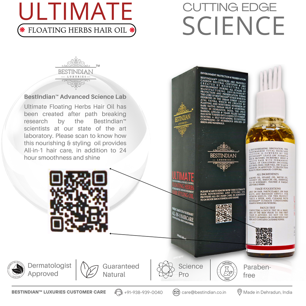 BestIndian™ Ultimate Hair Growth & Styling Oil blending tradition with cutting-edge science, featuring QR code for more product information.