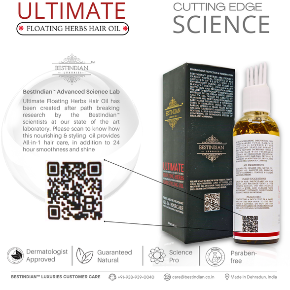 BestIndian™ Ultimate Hair Growth & Styling Oil blending tradition with cutting-edge science, featuring QR code for more product information.