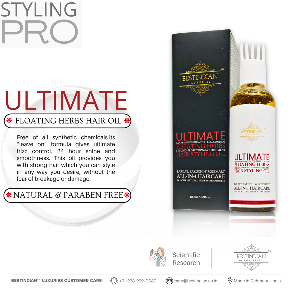 Ultimate Hair Oil as a 'Styling Pro,' providing frizz control, shine, and protection for easy hair styling. Best Indian hair oil.
