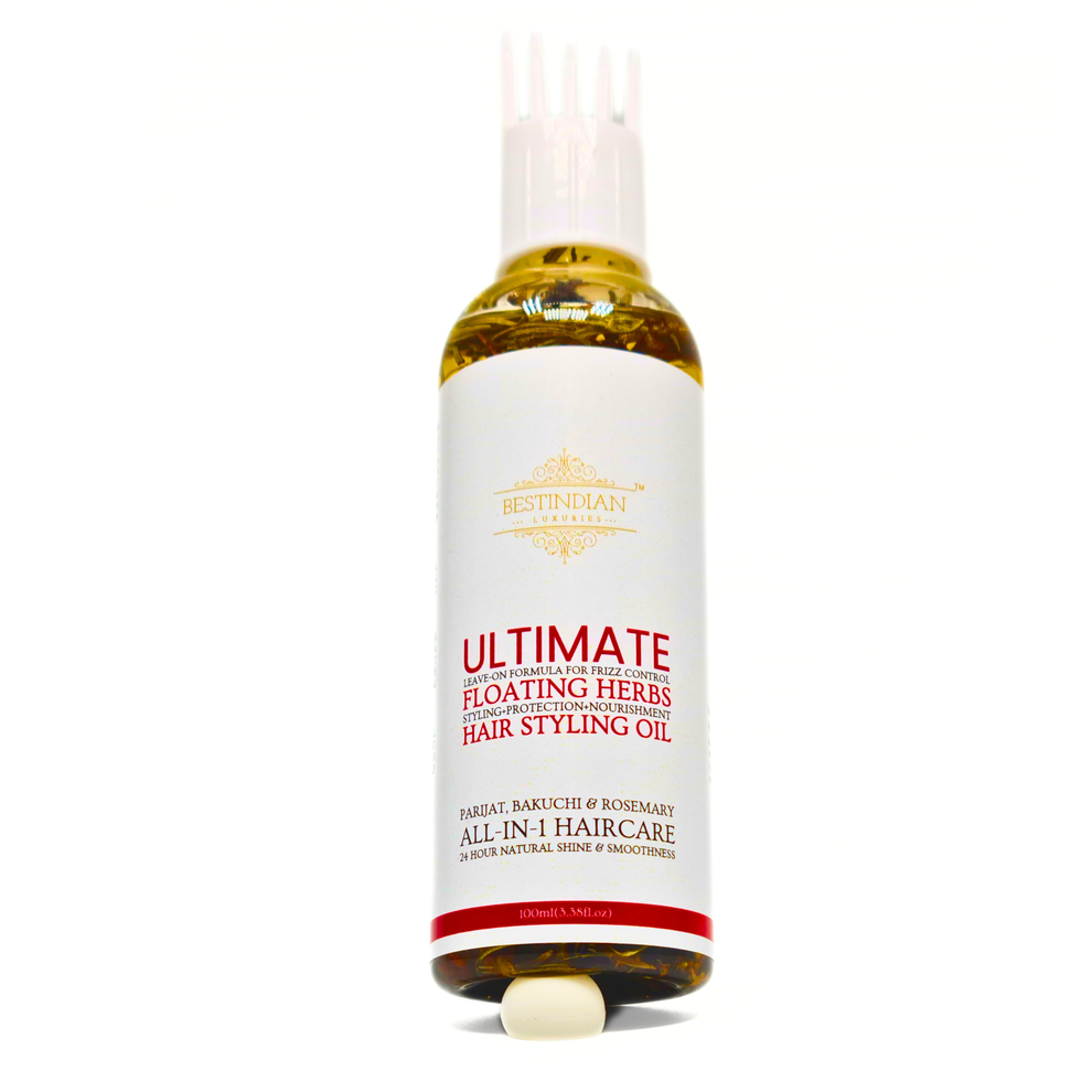 Best indian hair oil bottle's close-up: Natural floating herbs, including Rosemary, infusing the golden BestIndian™ Ultimate Hair Growth & Styling Oil.
