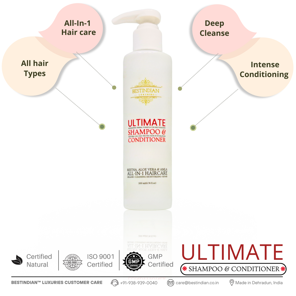 BestIndian™ Ultimate Anti-Hair Fall Conditioning Shampoo, suitable for all hair types, offering deep cleanse & intense conditioning. Sulfate-free, natural, with GMP certification for All-in-1 hair care.