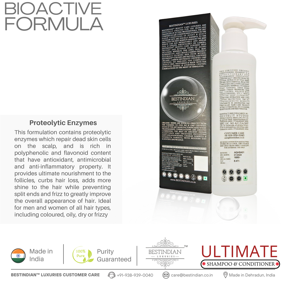 The bioactive, organic formula of BestIndian™ Ultimate Shampoo & Conditioner with proteolytic enzymes for deep hair nourishment and purity.
