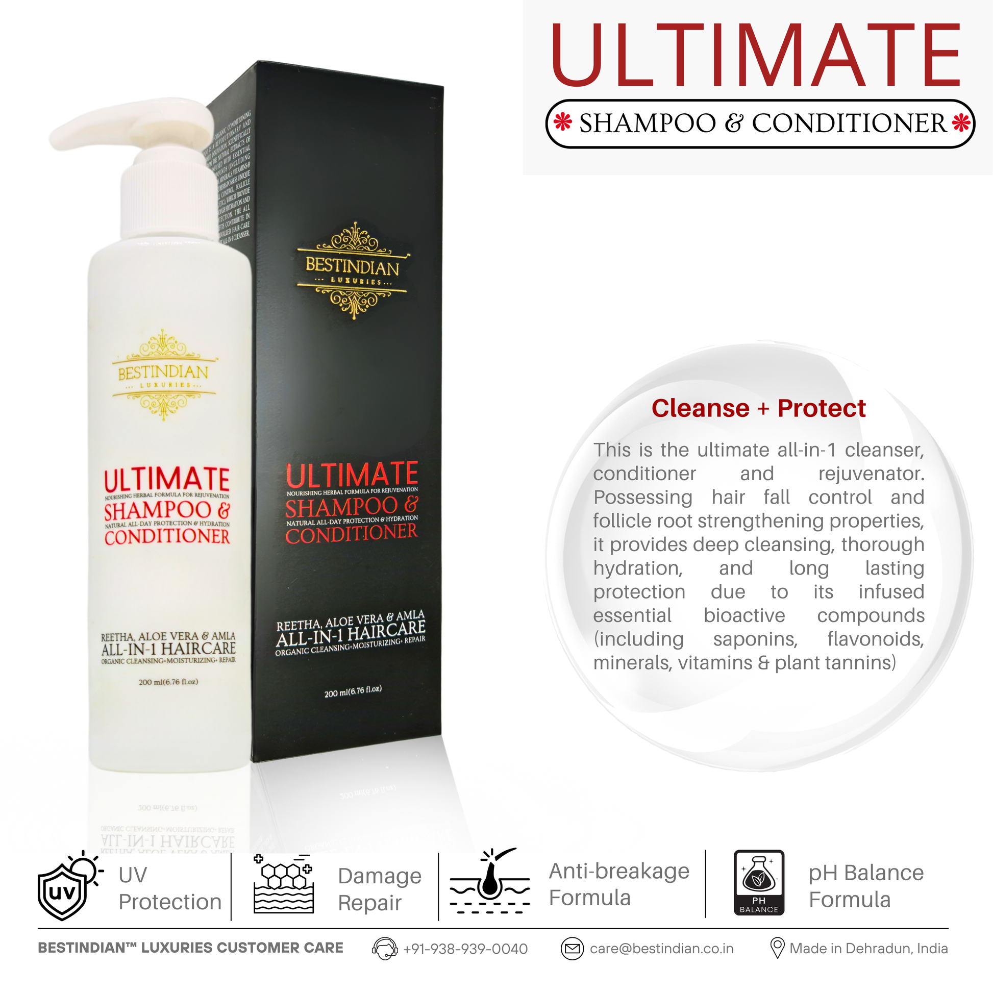 BestIndian™ Ultimate Shampoo & Conditioner highlighting deep cleanse & protect benefits like UV protection, damage repair, and pH balance for Indian hair.