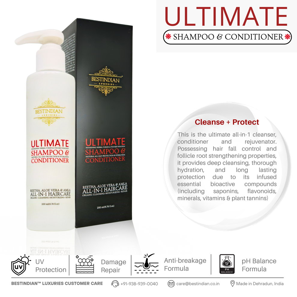 BestIndian™ Ultimate Shampoo & Conditioner highlighting deep cleanse & protect benefits like UV protection, damage repair, and pH balance for Indian hair.