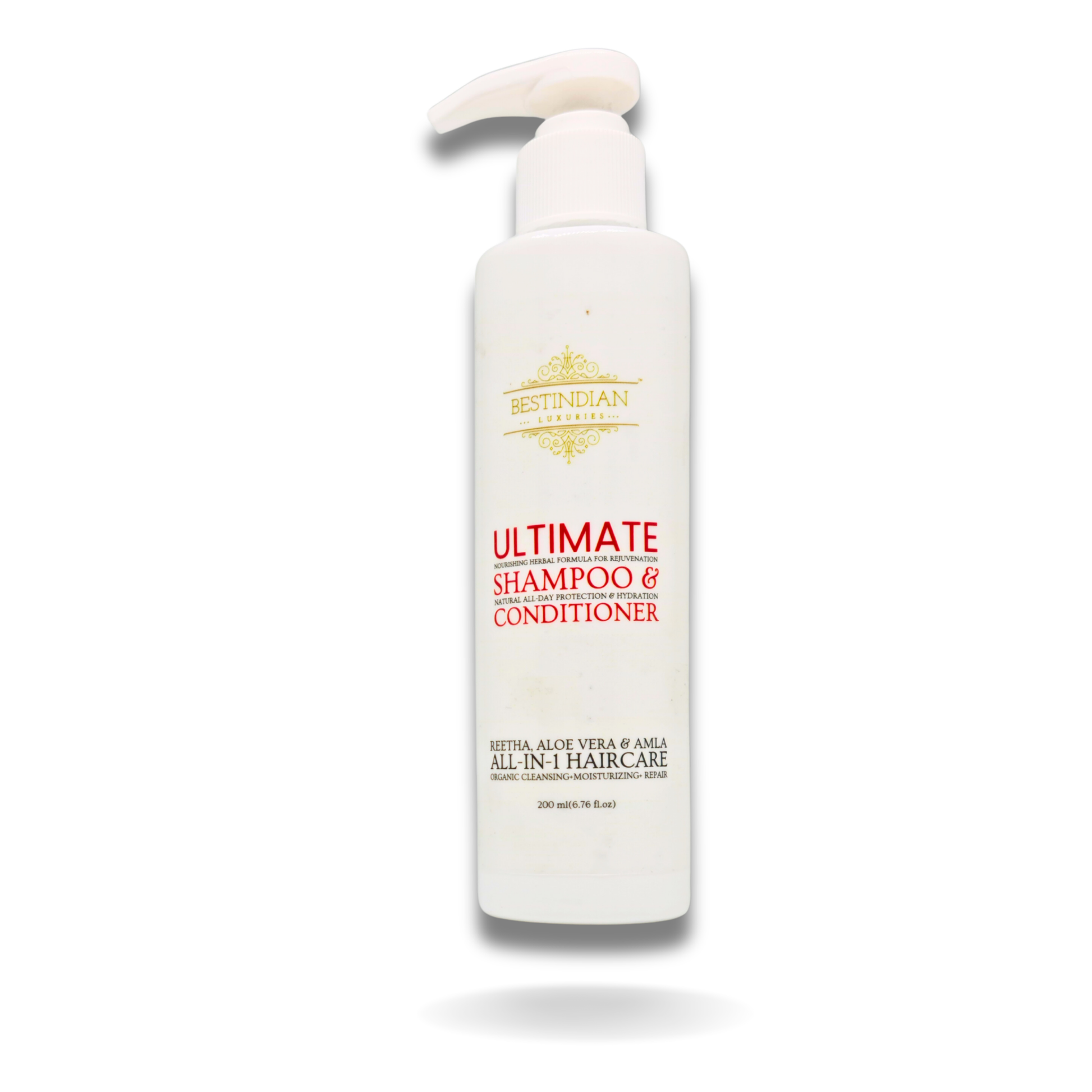 Front view of BestIndian™ Ultimate Shampoo & Conditioner bottle, a sulfate-free formula for anti-hair fall and holistic hair health.
