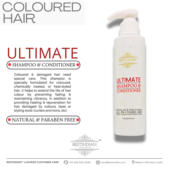 BestIndian™ Ultimate Conditioning Shampoo: Benefits for coloured & damaged hair, prevents fading, maintains vibrancy. Natural, paraben-free & sulfate-free.