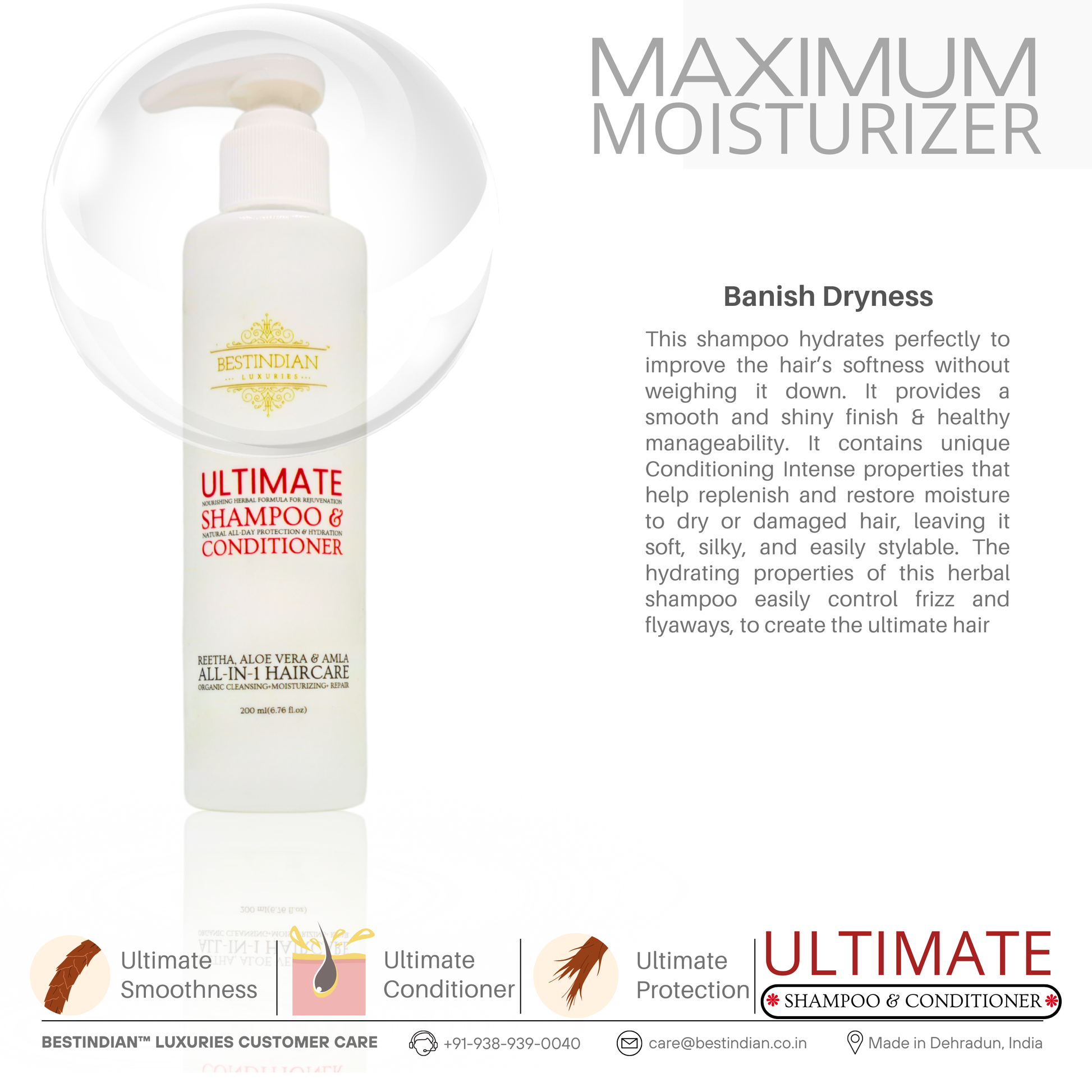 BestIndian™ Ultimate Anti-Hair Fall Conditioning Shampoo shown with text highlighting its sulfate-free formula's power to banish dryness through hydration, smoothness & frizz control.