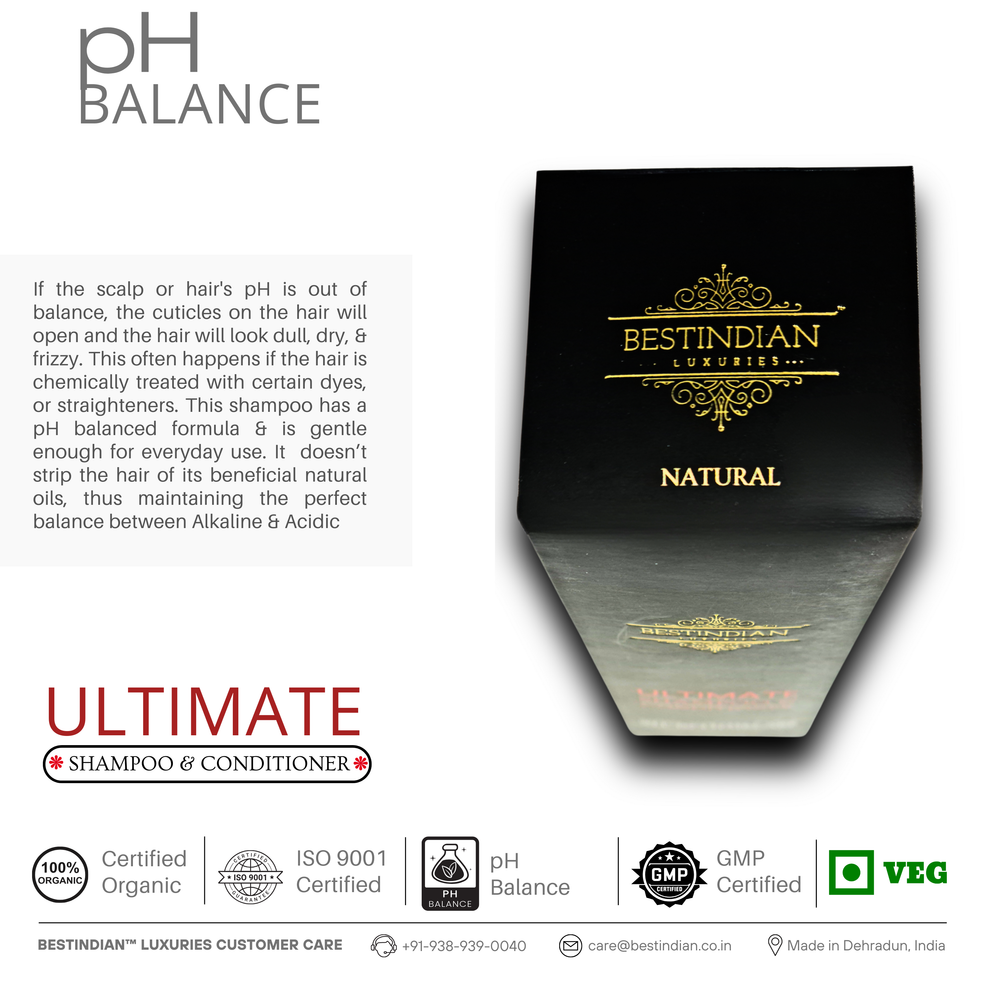 BestIndian™ Ultimate Shampoo & Conditioner highlighting its natural, pH-balanced, sulfate-free formula for healthy hair and scalp.
