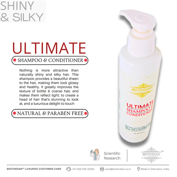 Achieve shiny, silky hair with BestIndian™ Ultimate Shampoo & Conditioner; image highlights its natural, paraben-free, and sulfate-free formula.