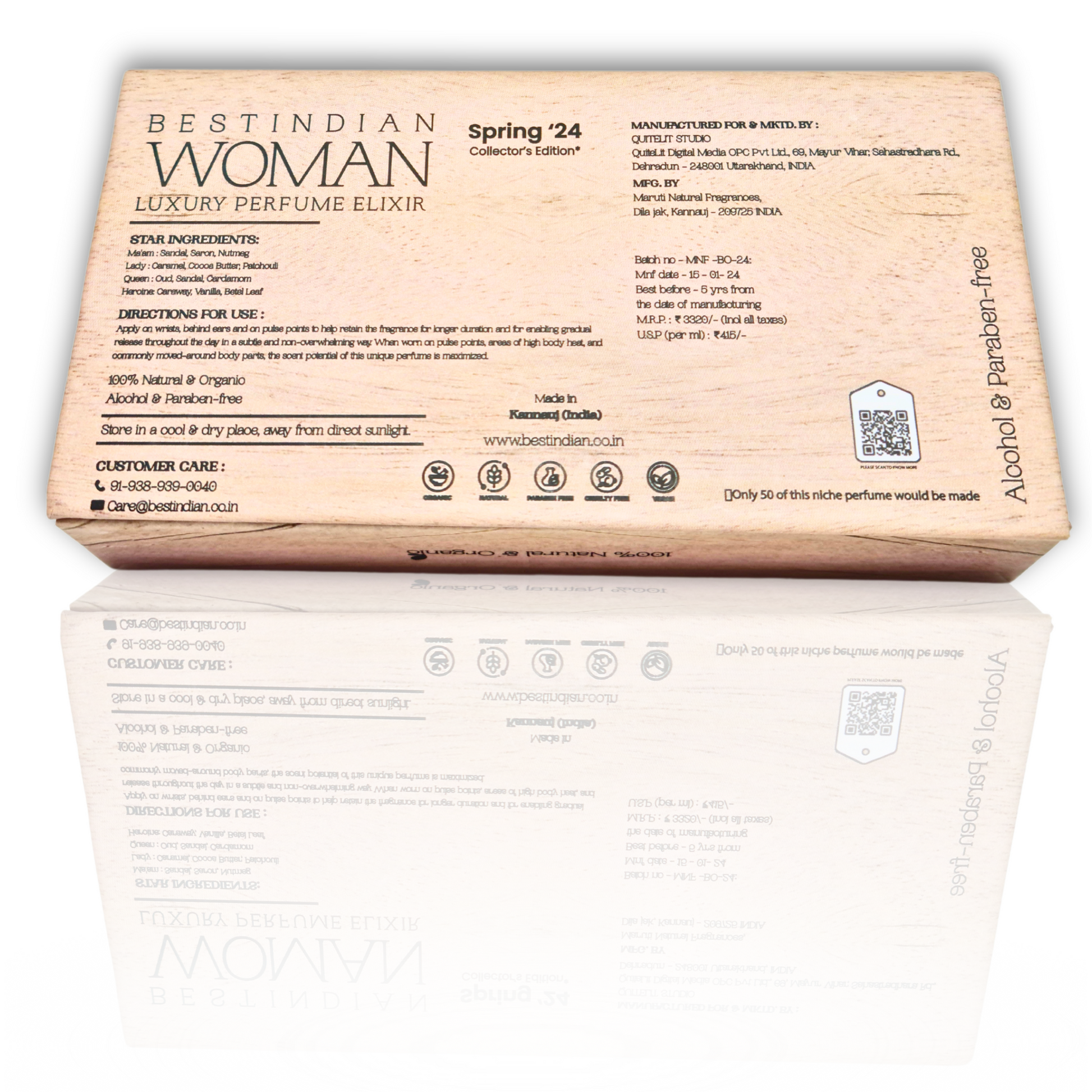 BestIndian™ Woman miniature perfume set for women — back view of the luxury wooden box highlighting detailed ingredient information, brand certifications, and Spring ‘24 Collector’s Edition, showcasing this vegan, cruelty-free perfume gift set with natural attar miniatures.