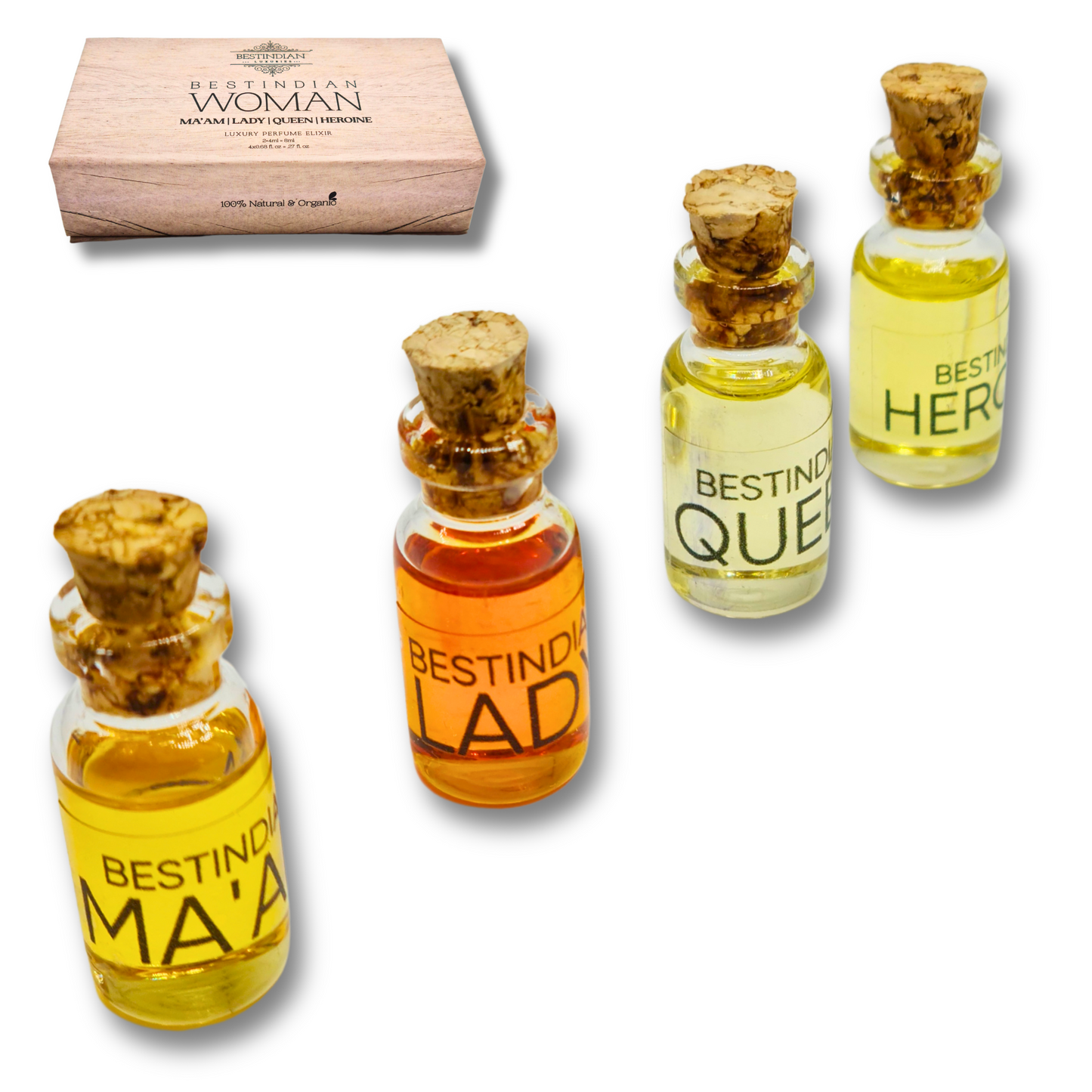 BestIndian™ Woman miniature perfume set for women — close-up of four attar miniatures labeled Ma’am, Lady, Queen, and Heroine with cork pullout caps, displayed in front of the luxury wooden gift box, perfect as a travel-friendly perfume discovery set and elegant gift for her.