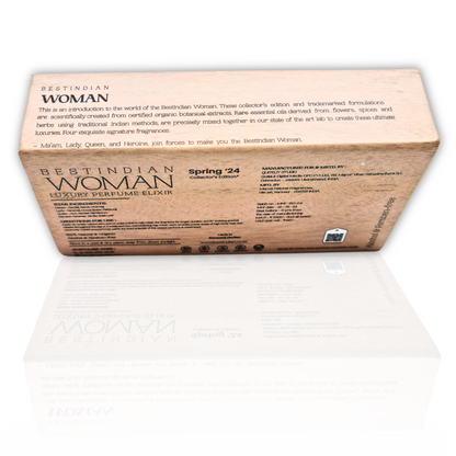 BestIndian™ Woman Perfume Elixir Set in its elegant light wooden-themed gift box. This is an introduction to the world of Best Indian Woman. These collector's edition alcohol-free perfume formulations are scientifically created from certified organic botanical extracts. This perfume gift set for women contains four miniature signature fragrances: Ma'am, Lady, Queen, and Heroin. 
