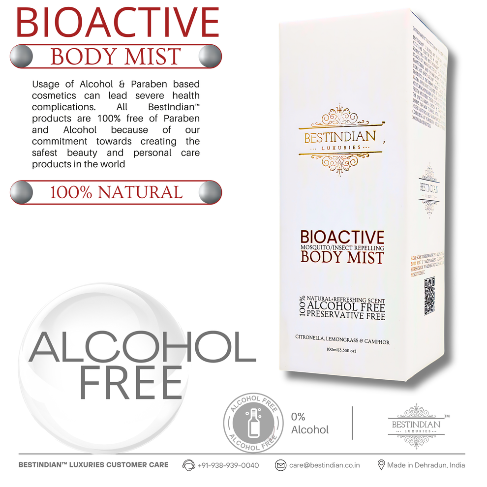 A clean close-up of the BestIndian™ BioActive Body Mist box focusing on alcohol-free branding, underlining its organic, preservative-free mosquito repellent formula made with citronella, lemongrass, and camphor for gentle, safe studio care and sensitive skin.