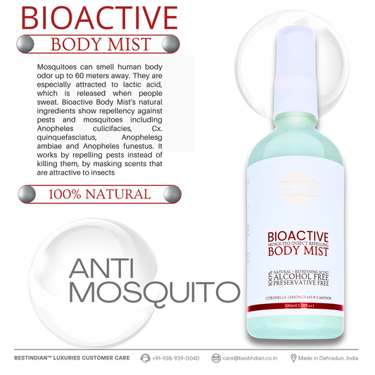 A clear product shot of BestIndian™ BioActive Body Mist displaying its mosquito-repellent packaging, highlighting its natural, alcohol-free formula with citronella, lemongrass, and camphor, designed to provide a safe, ayurvedic insect repellent solution for sensitive skin and daily studio care.