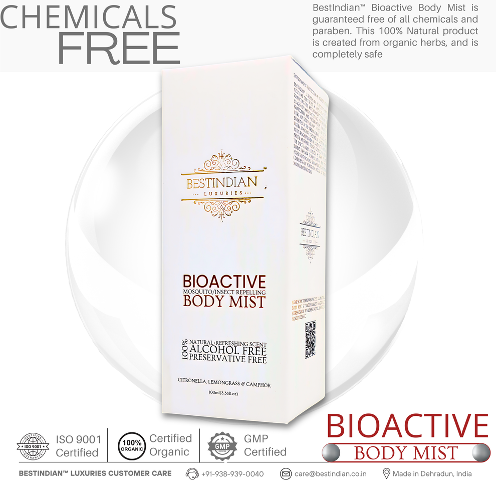 The packaged BestIndian™ BioActive Body Mist displayed against a clean background, illustrating its promise of a chemical-free, GMP-certified, and organic insect repellent, created from botanical herbs as a safe solution for luxury ayurvedic mosquito repellent studio care.