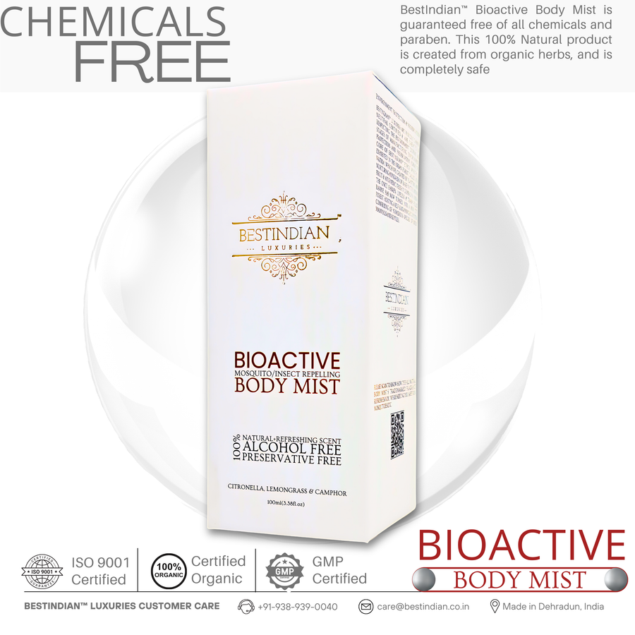 The packaged BestIndian™ BioActive Body Mist displayed against a clean background, illustrating its promise of a chemical-free, GMP-certified, and organic insect repellent, created from botanical herbs as a safe solution for luxury ayurvedic mosquito repellent studio care.