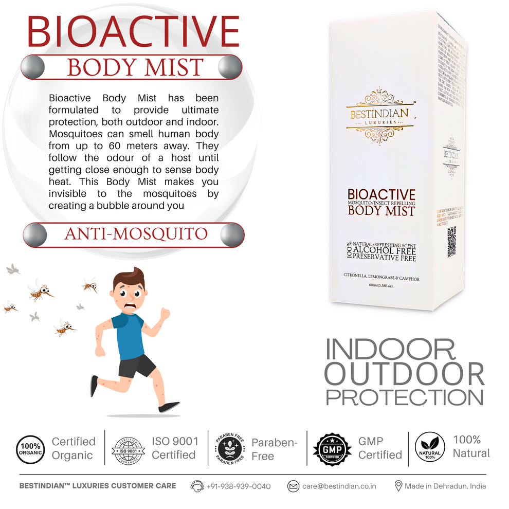 The BestIndian™ BioActive Body Mist packaging set beside an illustrated character repelling mosquitoes, highlighting indoor and outdoor protection with natural, organic, and paraben-free ingredients for safe use as a herbal insect repellent for families and kids.