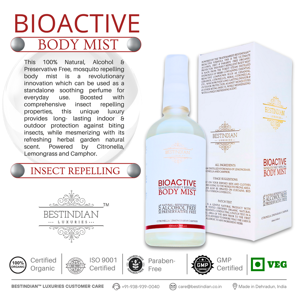 BestIndian™ BioActive Body Mist bottle next to its detailed ingredient box, highlighting its insect-repelling, alcohol-free formula with citronella, lemongrass, and camphor, delivering long-lasting indoor and outdoor natural protection with a refreshing herbal fragrance.
