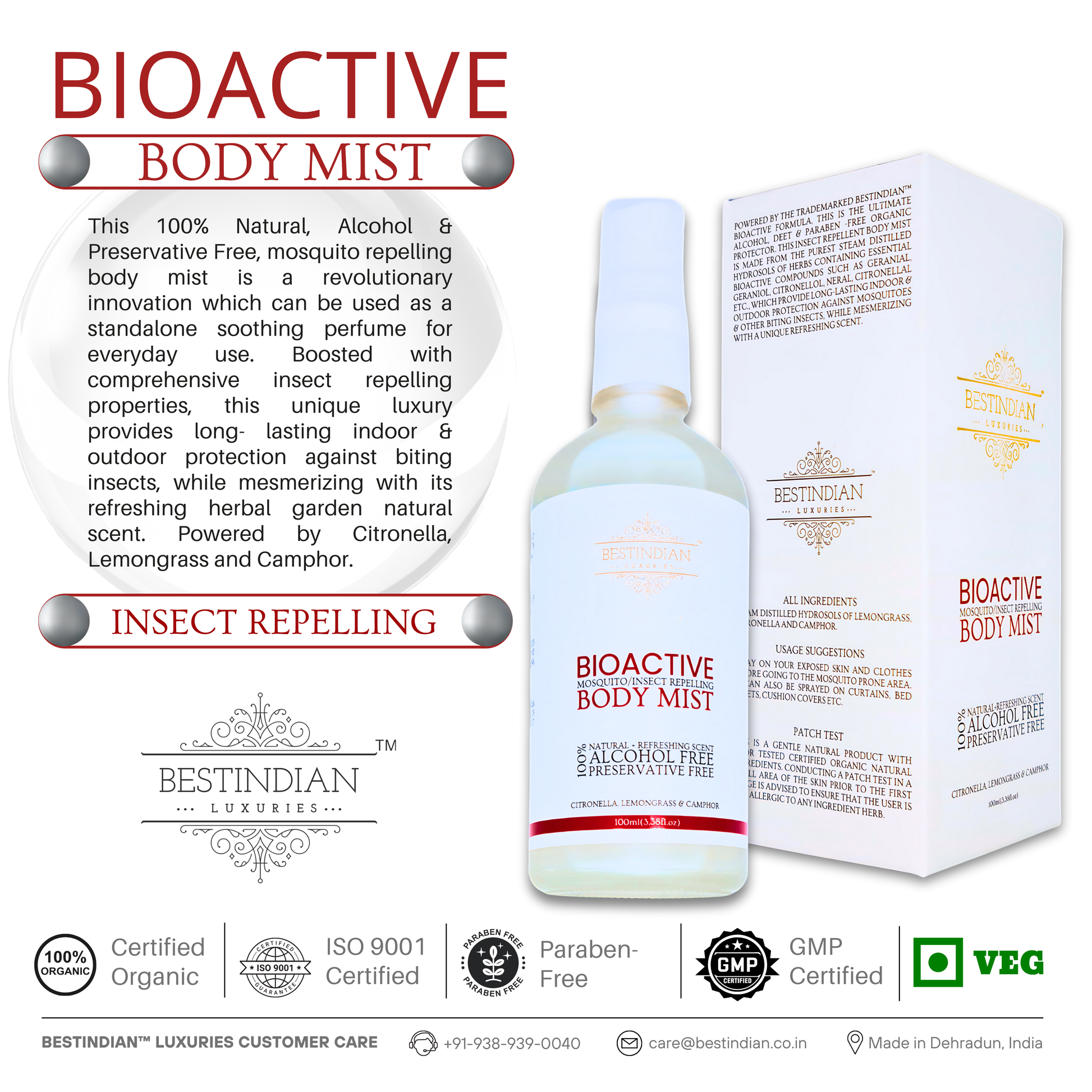 BestIndian™ BioActive Body Mist bottle next to its detailed ingredient box, highlighting its insect-repelling, alcohol-free formula with citronella, lemongrass, and camphor, delivering long-lasting indoor and outdoor natural protection with a refreshing herbal fragrance.