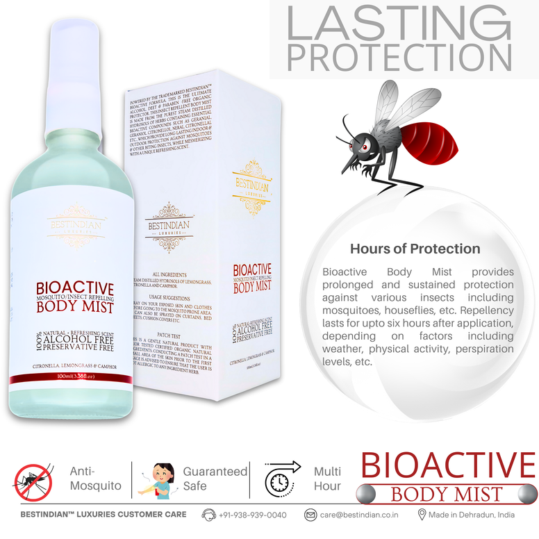 A photo of the BestIndian™ BioActive Body Mist bottle and box, alongside an illustration of a mosquito, emphasizing the product’s long-lasting, multi-hour protection and its effectiveness against mosquitoes and other insects for outdoor and indoor use.
