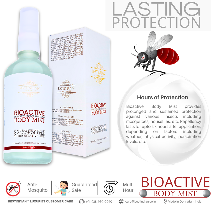 A photo of the BestIndian™ BioActive Body Mist bottle and box, alongside an illustration of a mosquito, emphasizing the product’s long-lasting, multi-hour protection and its effectiveness against mosquitoes and other insects for outdoor and indoor use.