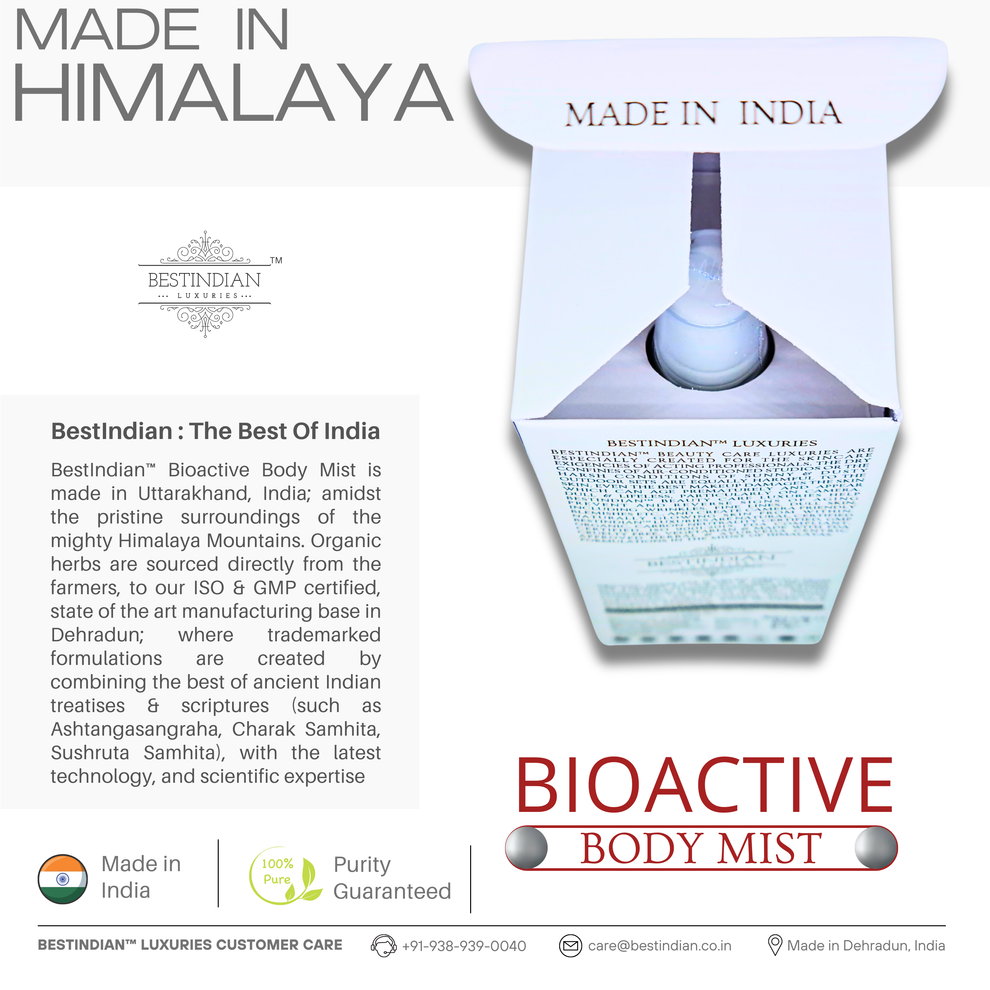 A top-down view of the open box and bottle of BestIndian™ BioActive Body Mist, emphasizing its Himalayan origin and purity guarantee, with messaging about sourcing organic herbs directly from Uttarakhand for authentic, ayurvedic, and certified luxury insect repellent.