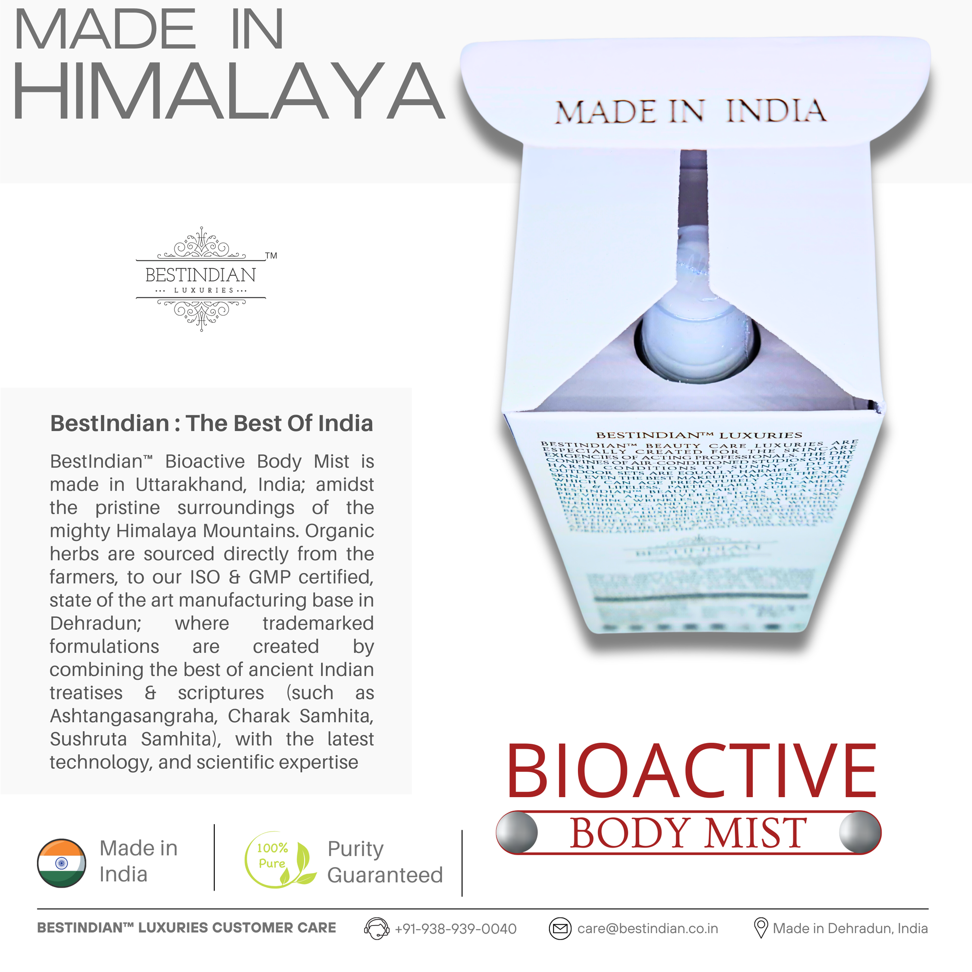 A top-down view of the open box and bottle of BestIndian™ BioActive Body Mist, emphasizing its Himalayan origin and purity guarantee, with messaging about sourcing organic herbs directly from Uttarakhand for authentic, ayurvedic, and certified luxury insect repellent.