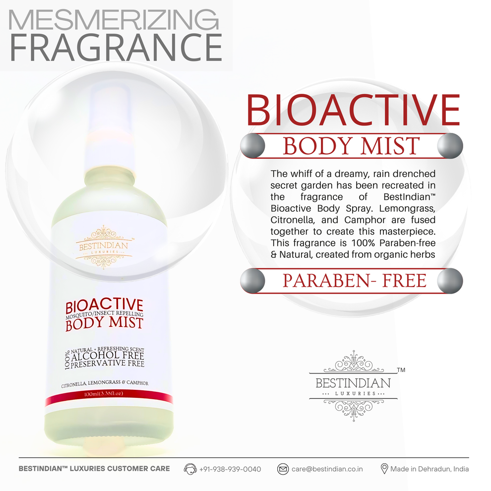 The BestIndian™ BioActive Body Mist photographed with a focus on its lemongrass and citronella fragrance, communicating its paraben-free, herbal insect repellent blend, and luxury scent inspired by a rain-drenched garden for an uplifting and aromatic shield against mosquitoes.