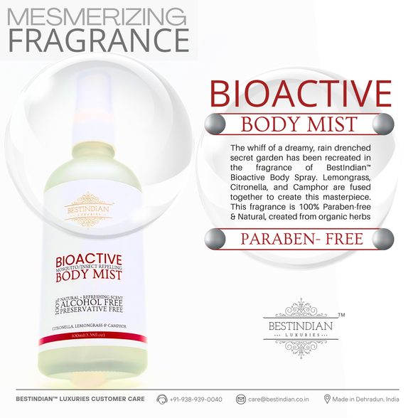 The BestIndian™ BioActive Body Mist photographed with a focus on its lemongrass and citronella fragrance, communicating its paraben-free, herbal insect repellent blend, and luxury scent inspired by a rain-drenched garden for an uplifting and aromatic shield against mosquitoes.
