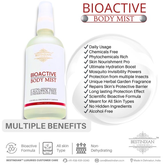 The BestIndian™ BioActive Body Mist is displayed with a checklist of daily benefits including skin nourishment, hydration, insect protection, and chemical-free formula, presenting it as an advanced, bioactive mosquito repellent for all skin types and studio care.