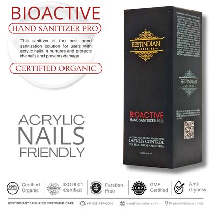 The boxed BioActive Hand Sanitizer Pro by BestIndian, emphasizing its certified organic, paraben-free formula that’s friendly for acrylic nails, nourishing and protecting both skin and nails from damage.