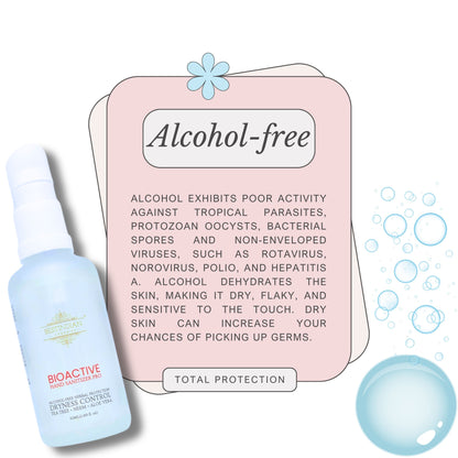 The BioActive Hand Sanitizer Pro bottle by BestIndian is shown next to an alcohol-free label and illustrated bubbles, emphasizing its gentle, moisturizing, alcohol-free formula for total hand protection without dryness.