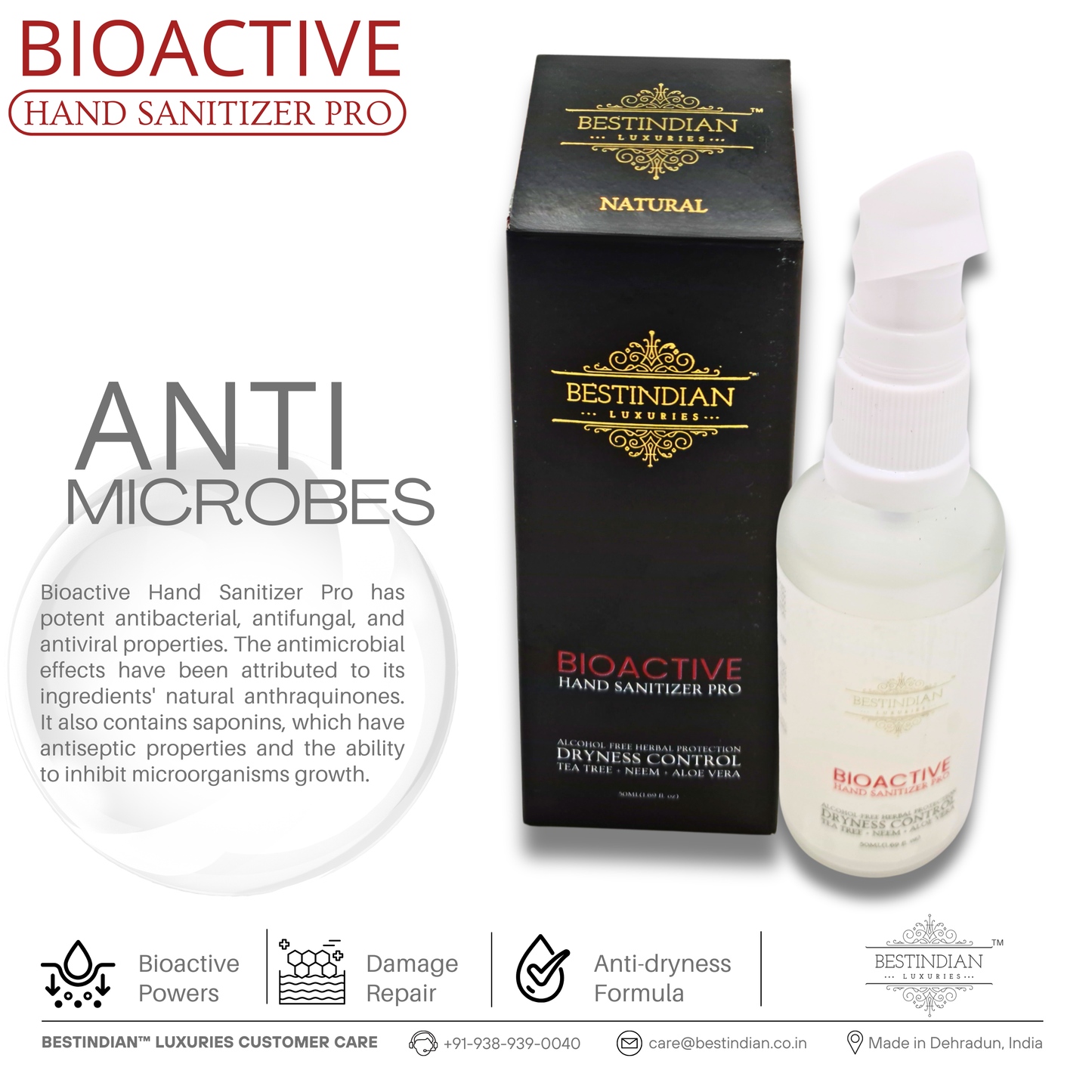 BioActive Hand Sanitizer Pro bottle and its branded black box by BestIndian, shown with text describing its potent antibacterial, antifungal, and antiviral protection for safe, studio-grade hand hygiene.