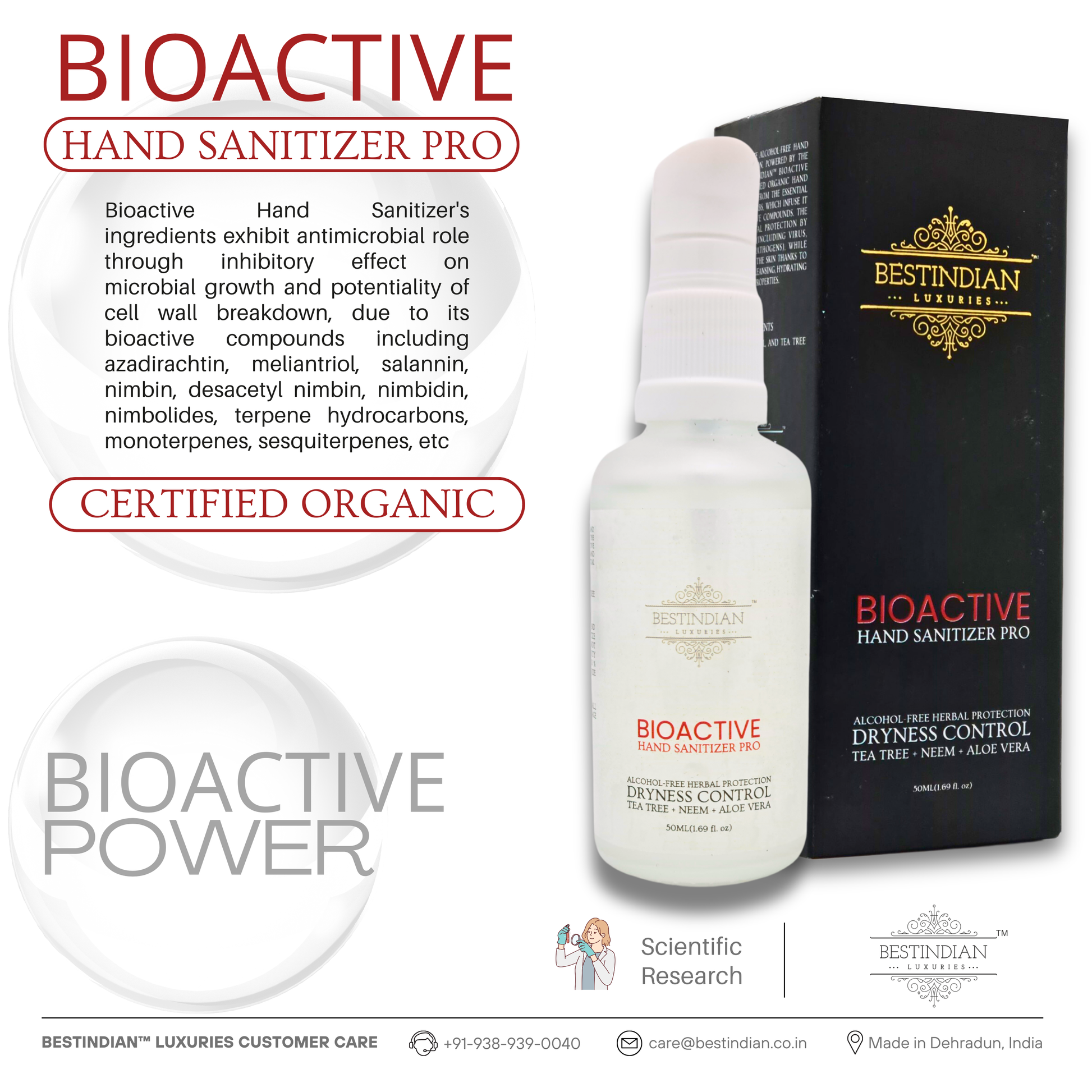 The bottle and box of BioActive Hand Sanitizer Pro by BestIndian, highlighted as a certified organic product with advanced bioactive ingredients offering antimicrobial and dryness control benefits backed by scientific research.