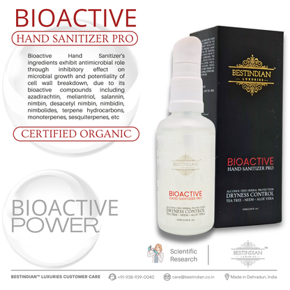 The bottle and box of BioActive Hand Sanitizer Pro by BestIndian, highlighted as a certified organic product with advanced bioactive ingredients offering antimicrobial and dryness control benefits backed by scientific research.