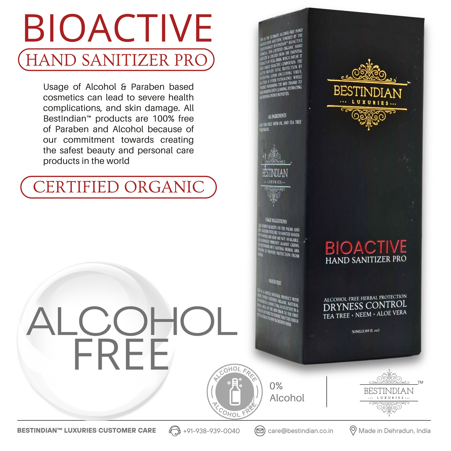 The boxed BioActive Hand Sanitizer Pro by BestIndian, emphasizing its certified organic, alcohol-free, and paraben-free formula for safe and nourishing hand hygiene without harsh chemicals.