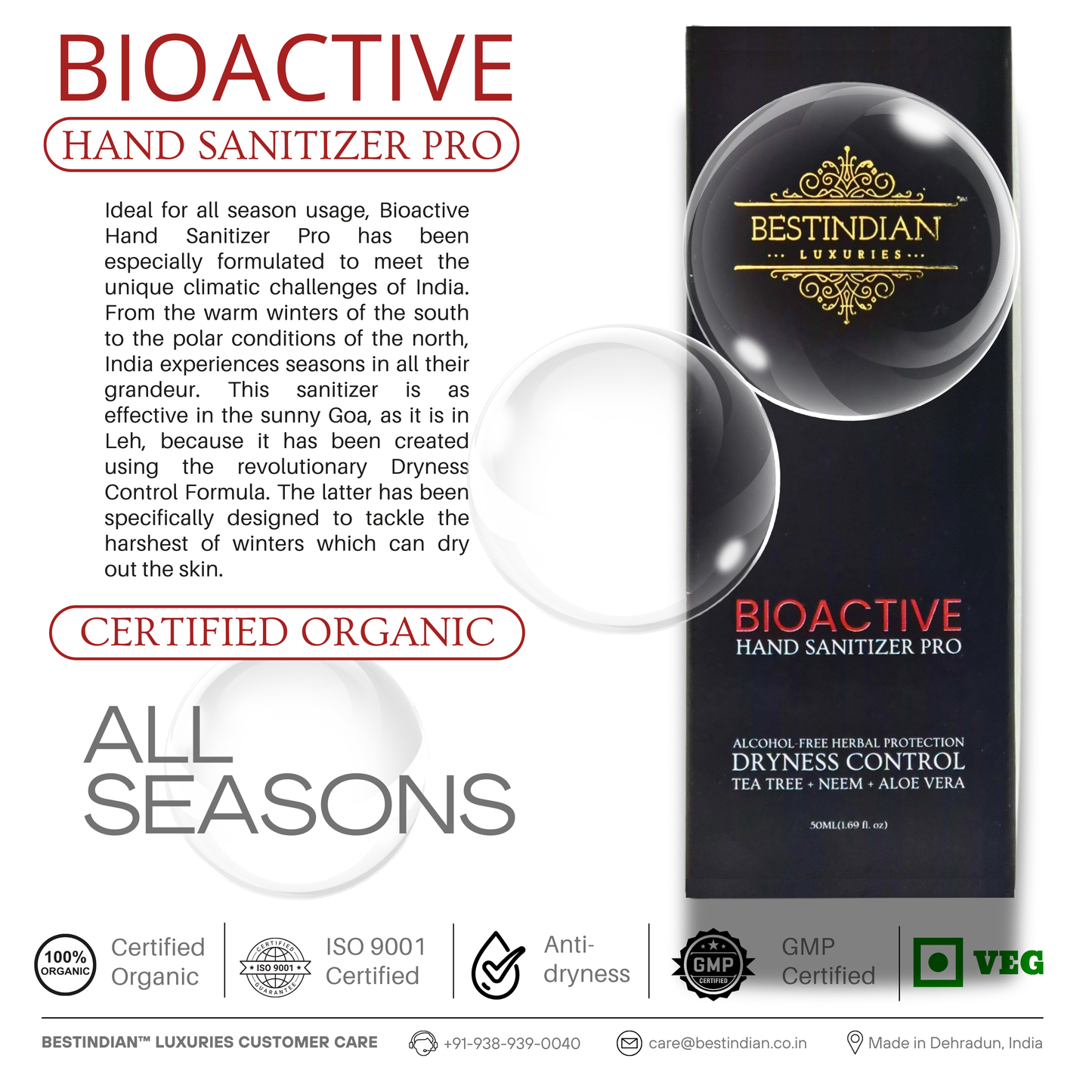 The black boxed BioActive Hand Sanitizer Pro by BestIndian, highlighting its certified organic and alcohol-free dryness control formula, designed for effective skin protection in all seasons across India's varied climates.