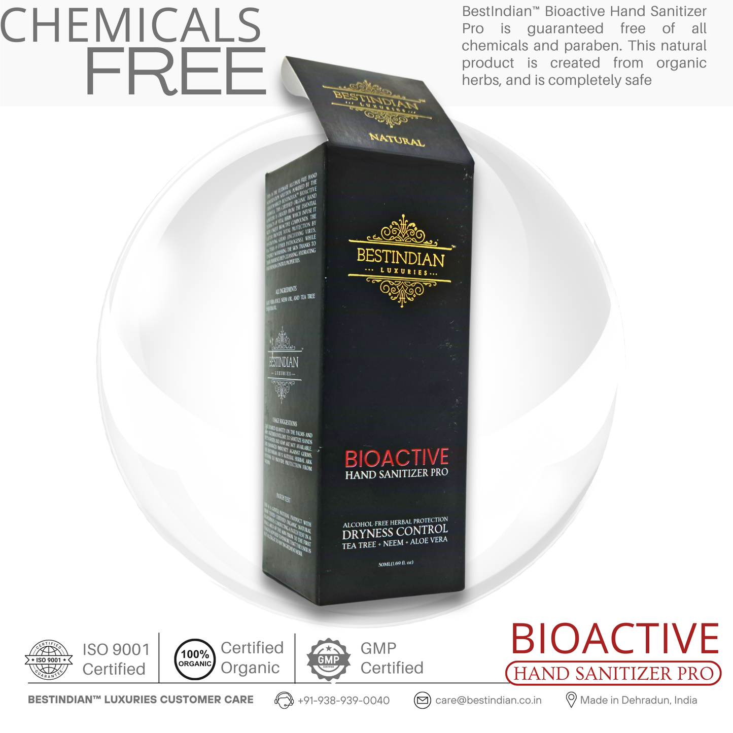 The black box of BioActive Hand Sanitizer Pro by BestIndian with an open lid, highlighting its chemicals-free and paraben-free certification as a gentle, organic hand sanitizer made from pure herbal ingredients.