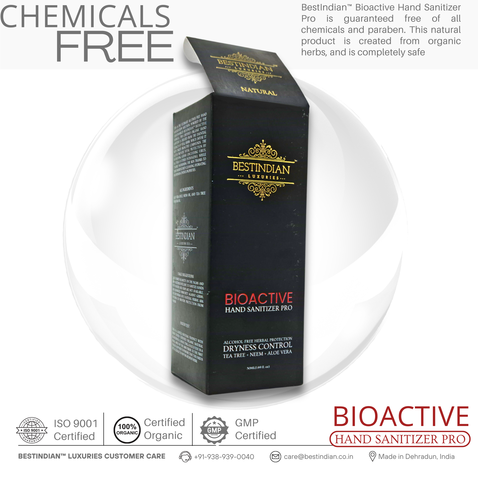 The black box of BioActive Hand Sanitizer Pro by BestIndian with an open lid, highlighting its chemicals-free and paraben-free certification as a gentle, organic hand sanitizer made from pure herbal ingredients.