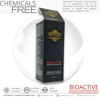 The black box of BioActive Hand Sanitizer Pro by BestIndian with an open lid, highlighting its chemicals-free and paraben-free certification as a gentle, organic hand sanitizer made from pure herbal ingredients.