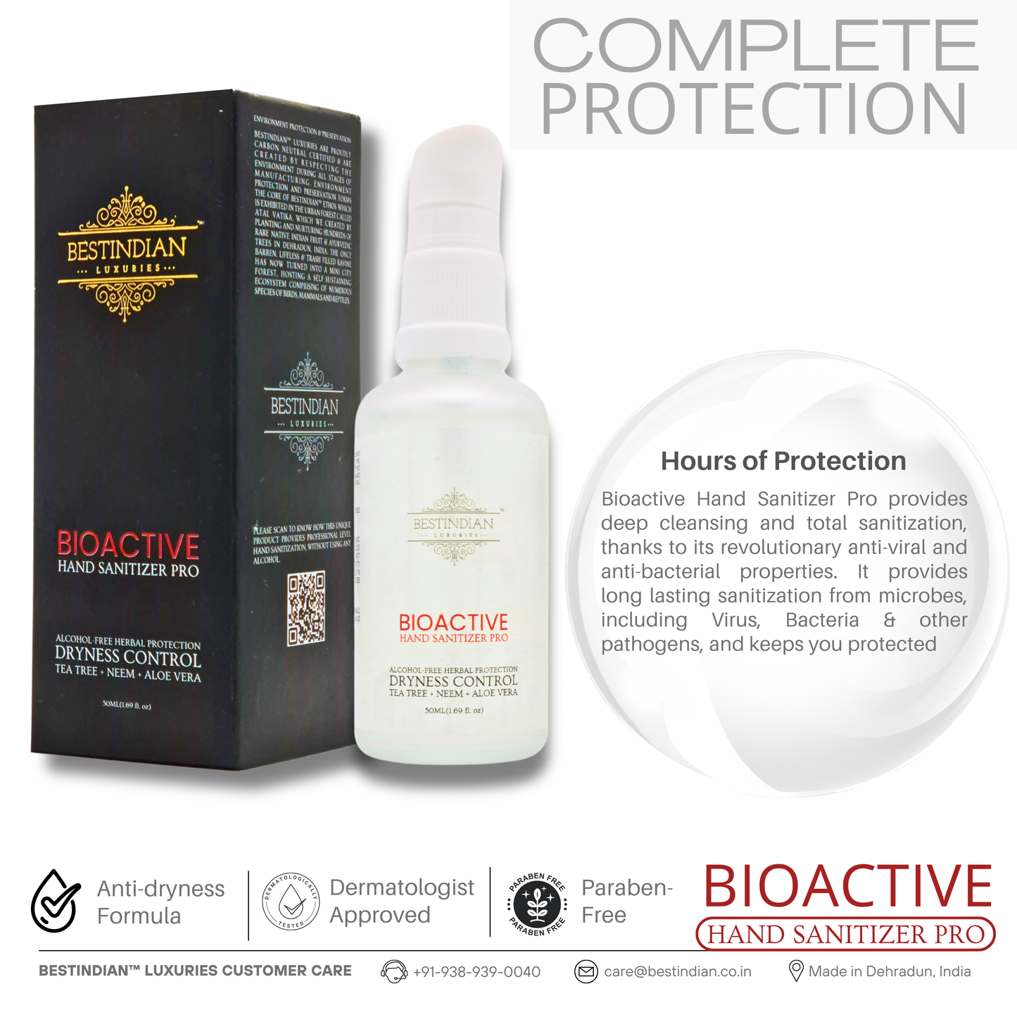 BioActive Hand Sanitizer Pro bottle and its black branded box by BestIndian, shown together under the headline "Complete Protection" to represent long-lasting, anti-viral and anti-bacterial sanitization.